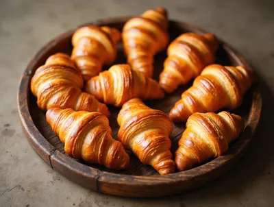 Fresh Golden Croissants Arranged on a Wooden Tray