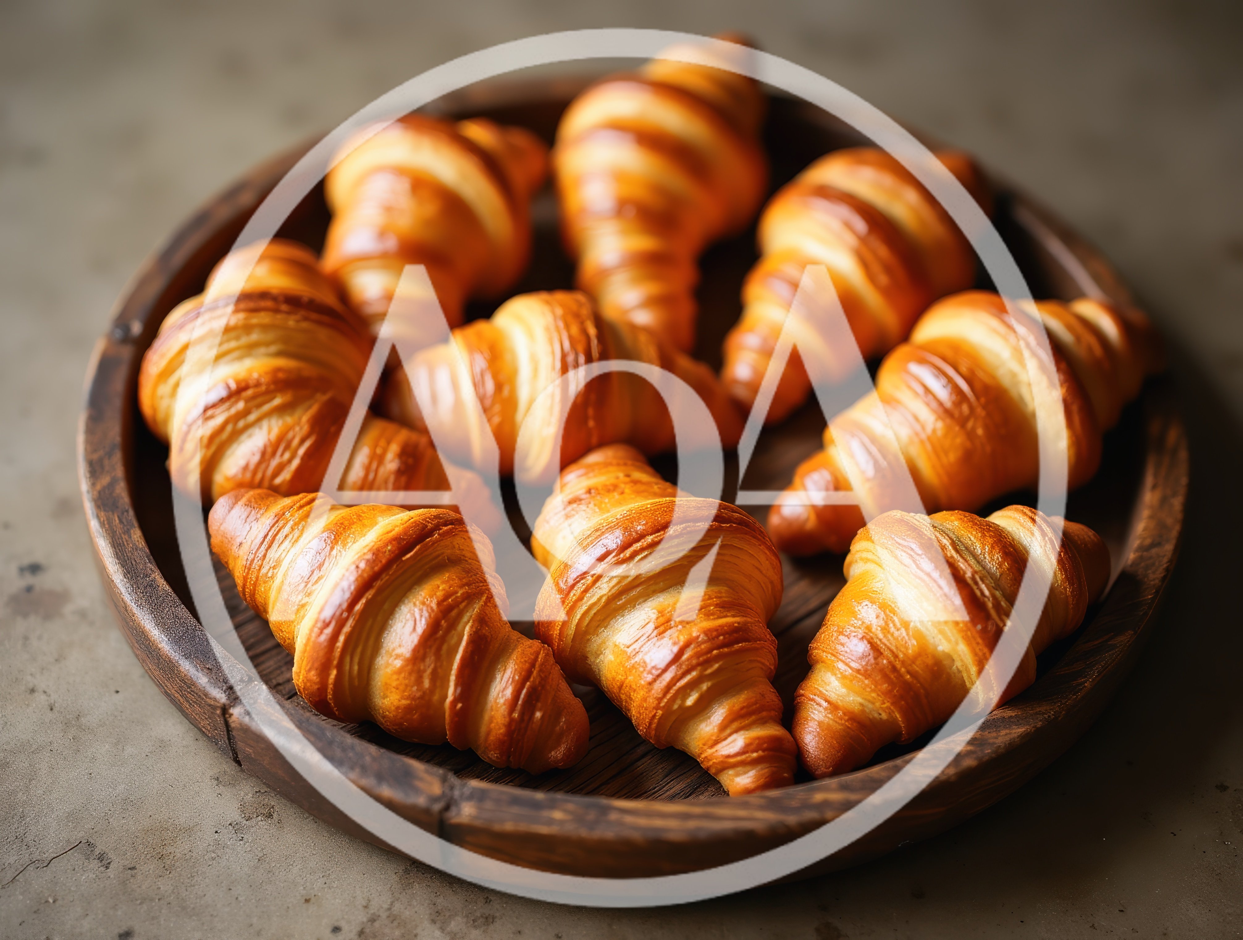 Fresh Golden Croissants Arranged on a Wooden Tray