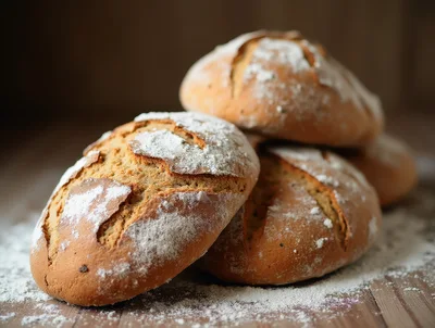 Freshly Baked Rustic Sourdough Loaves On Wooden Table
