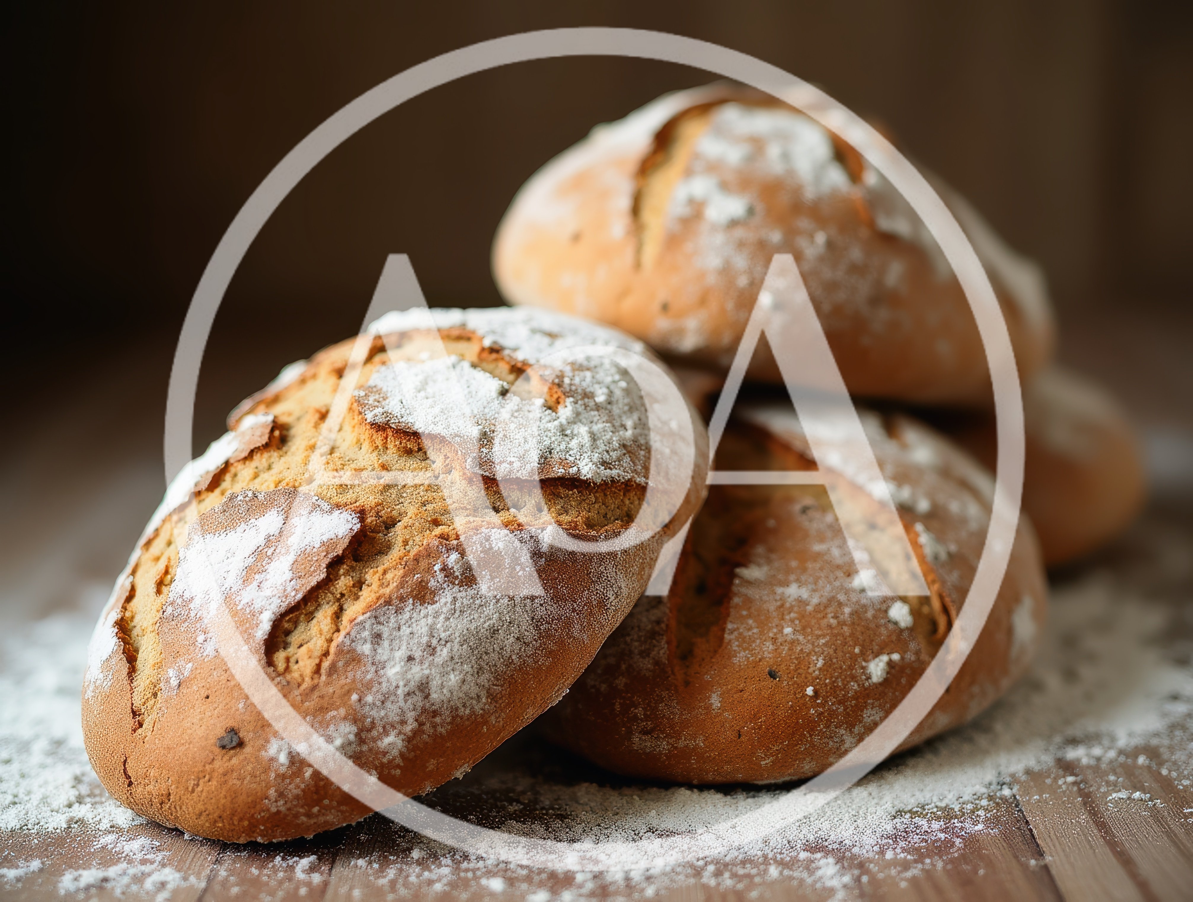 Freshly Baked Rustic Sourdough Loaves On Wooden Table