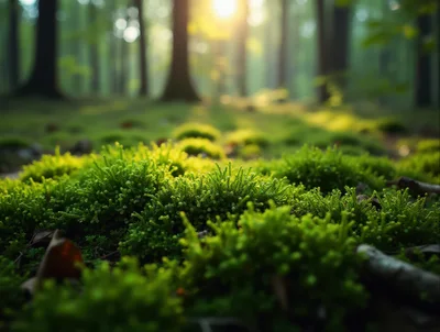 Lush Green Mossy Forest Floor With Sunlight