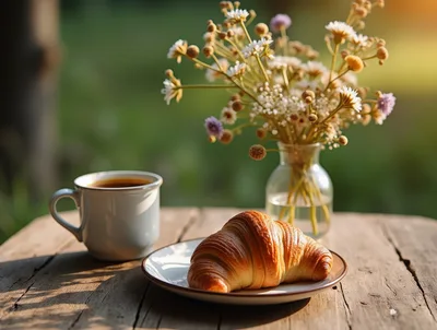 Croissant And Coffee On A Rustic Outdoor Table