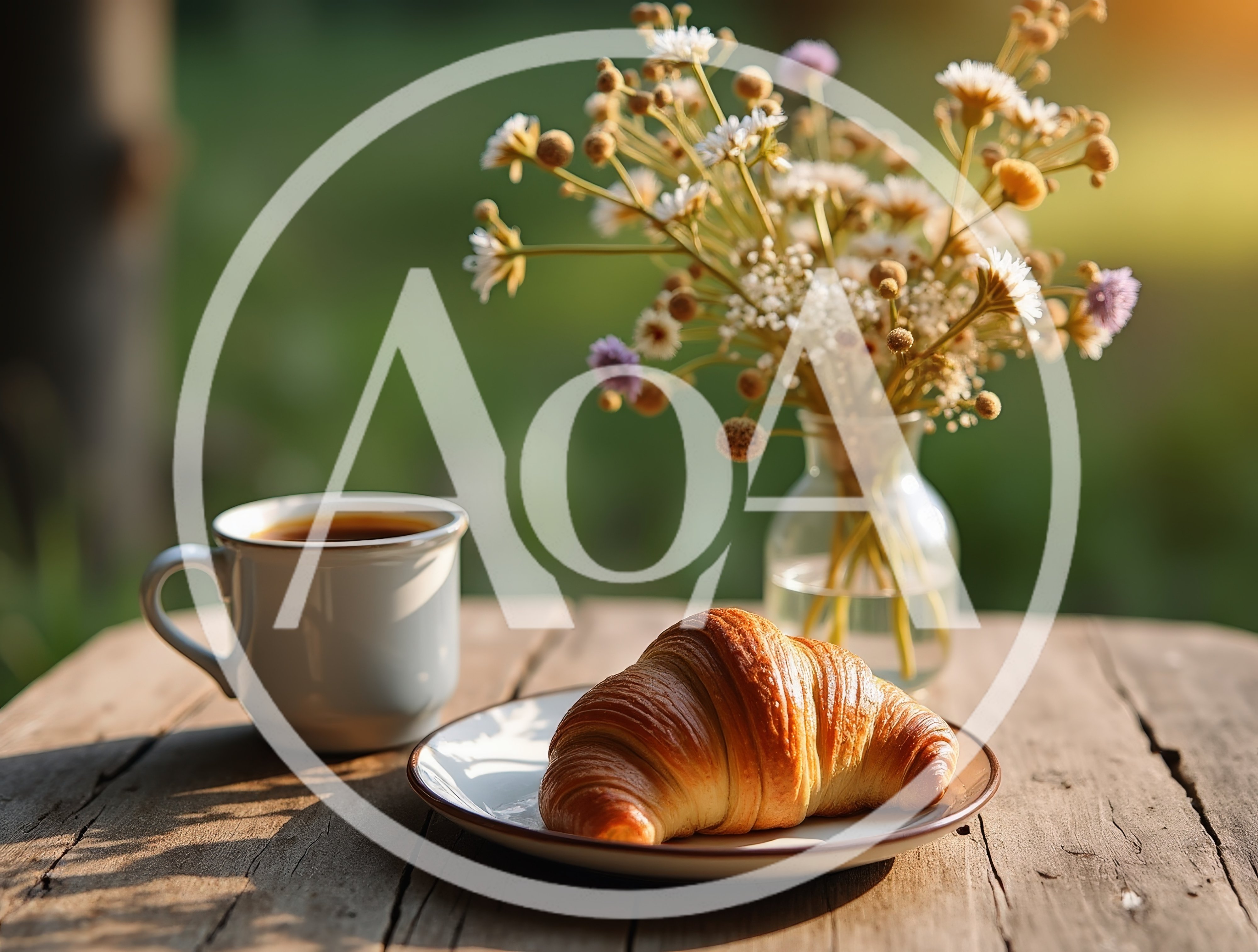 Croissant And Coffee On A Rustic Outdoor Table