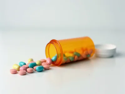 Pill Bottle Spilling Colorful Medication Tablets