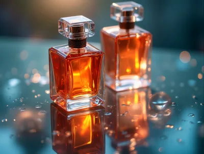 Two Glass Perfume Bottles On Reflective Surface