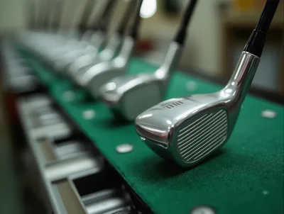 Row Of Shiny Golf Irons On A Putting Green