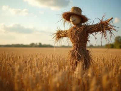 Straw Scarecrow Standing In A Golden Wheat Field