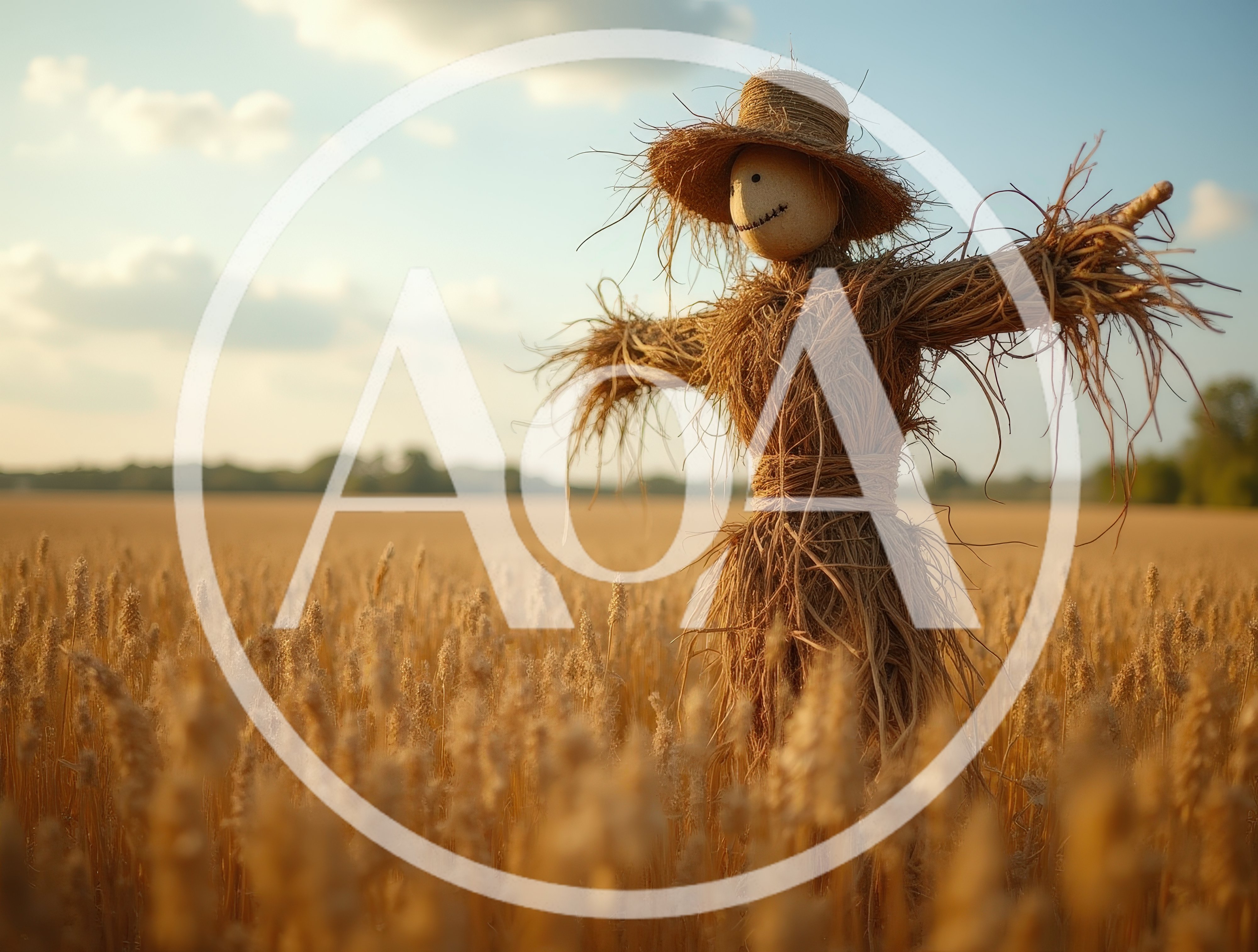 Straw Scarecrow Standing In A Golden Wheat Field