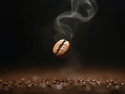 Single Roasted Coffee Bean Floating With Rising Steam