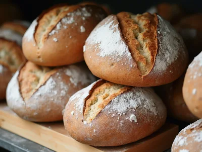 Freshly Baked Artisan Sourdough Loaves On Wooden Display