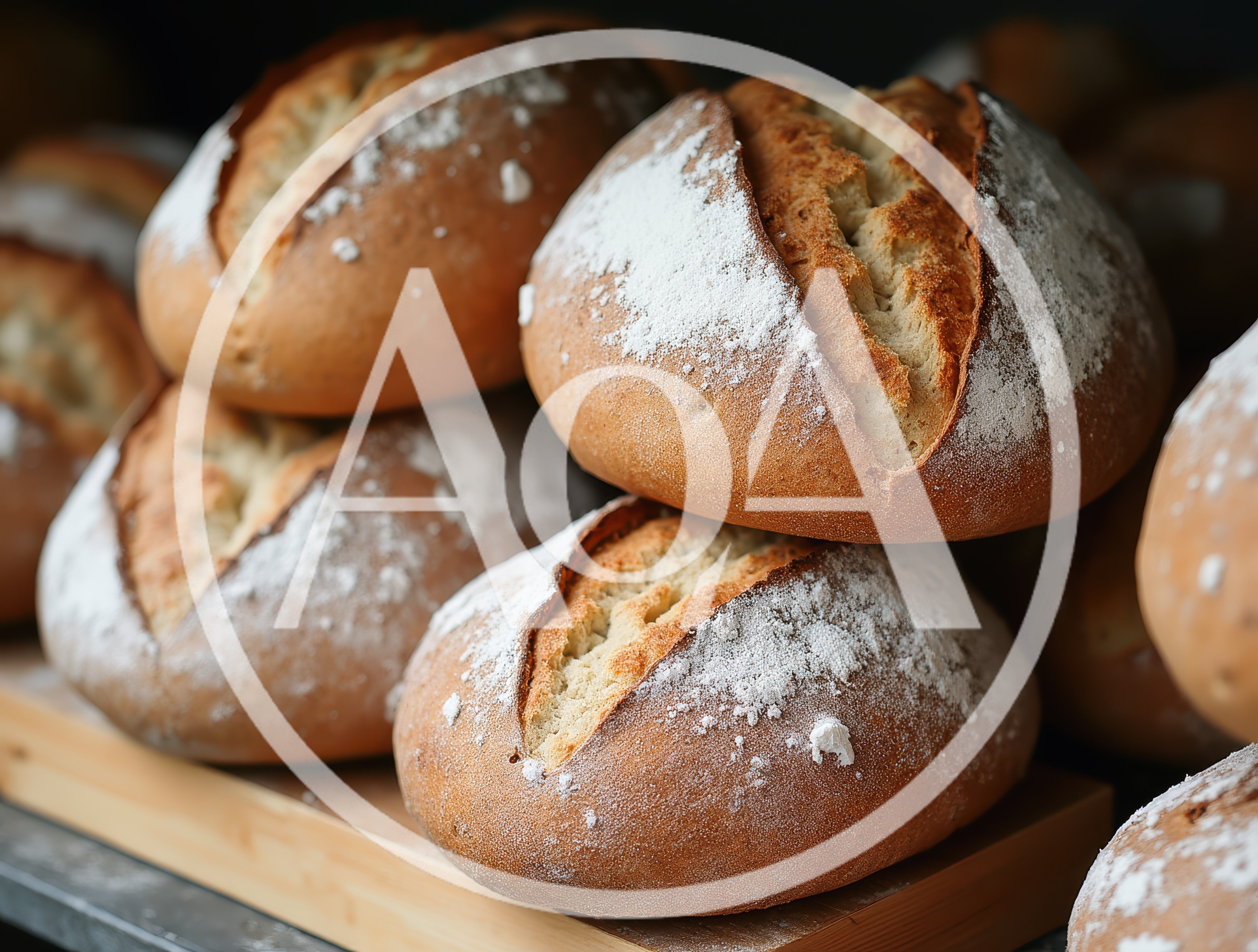 Freshly Baked Artisan Sourdough Loaves On Wooden Display