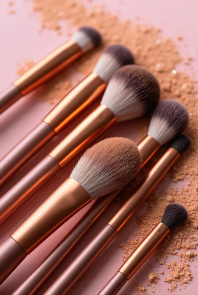 Professional Makeup Brushes With Loose Powder On Pink