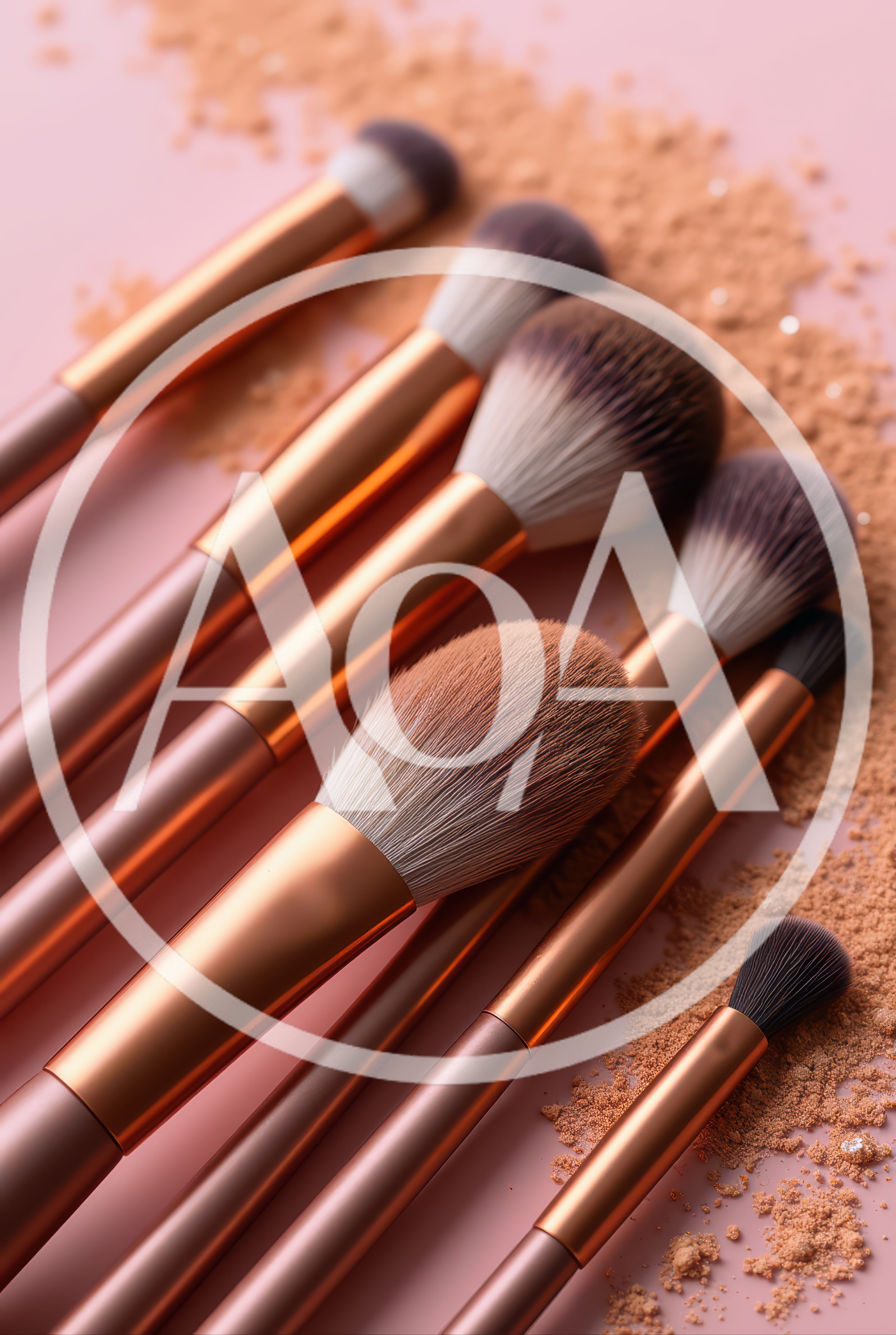 Professional Makeup Brushes With Loose Powder On Pink