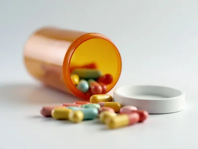 Pill Bottle With Assorted Colorful Capsules Spilled Out