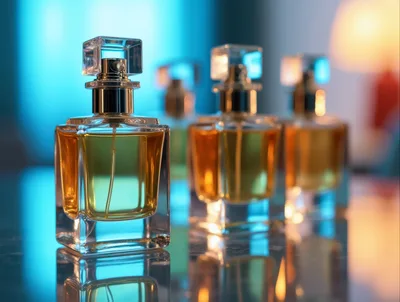 Four Glass Perfume Bottles Arranged On A Reflective Surface