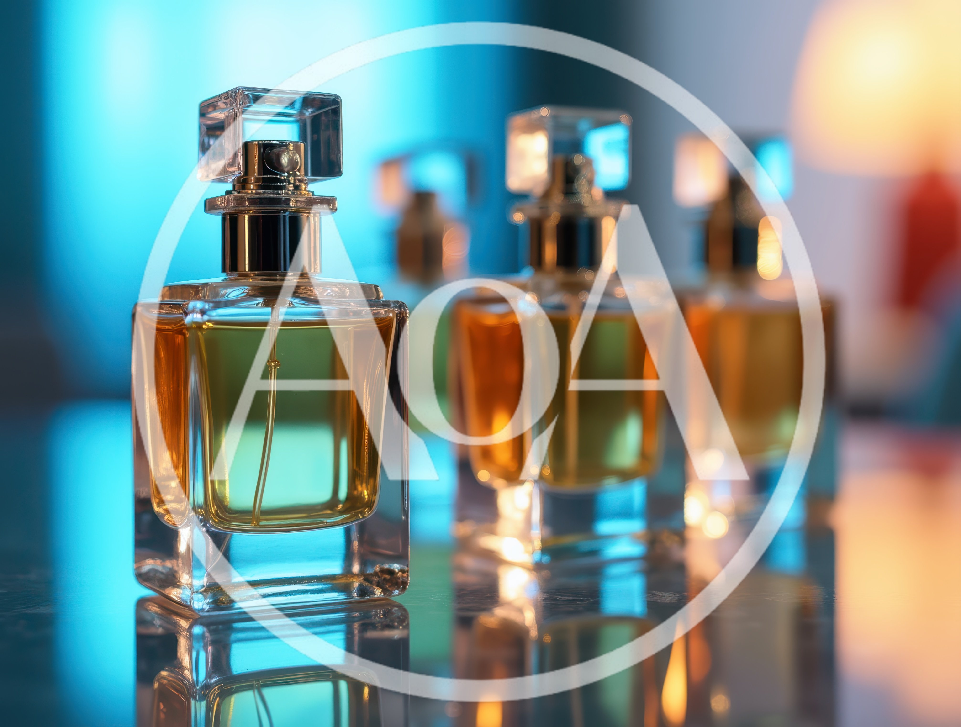 Four Glass Perfume Bottles Arranged On A Reflective Surface