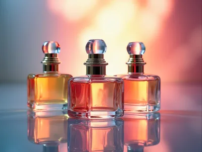 Three Elegant Perfume Bottles On Reflective Surface