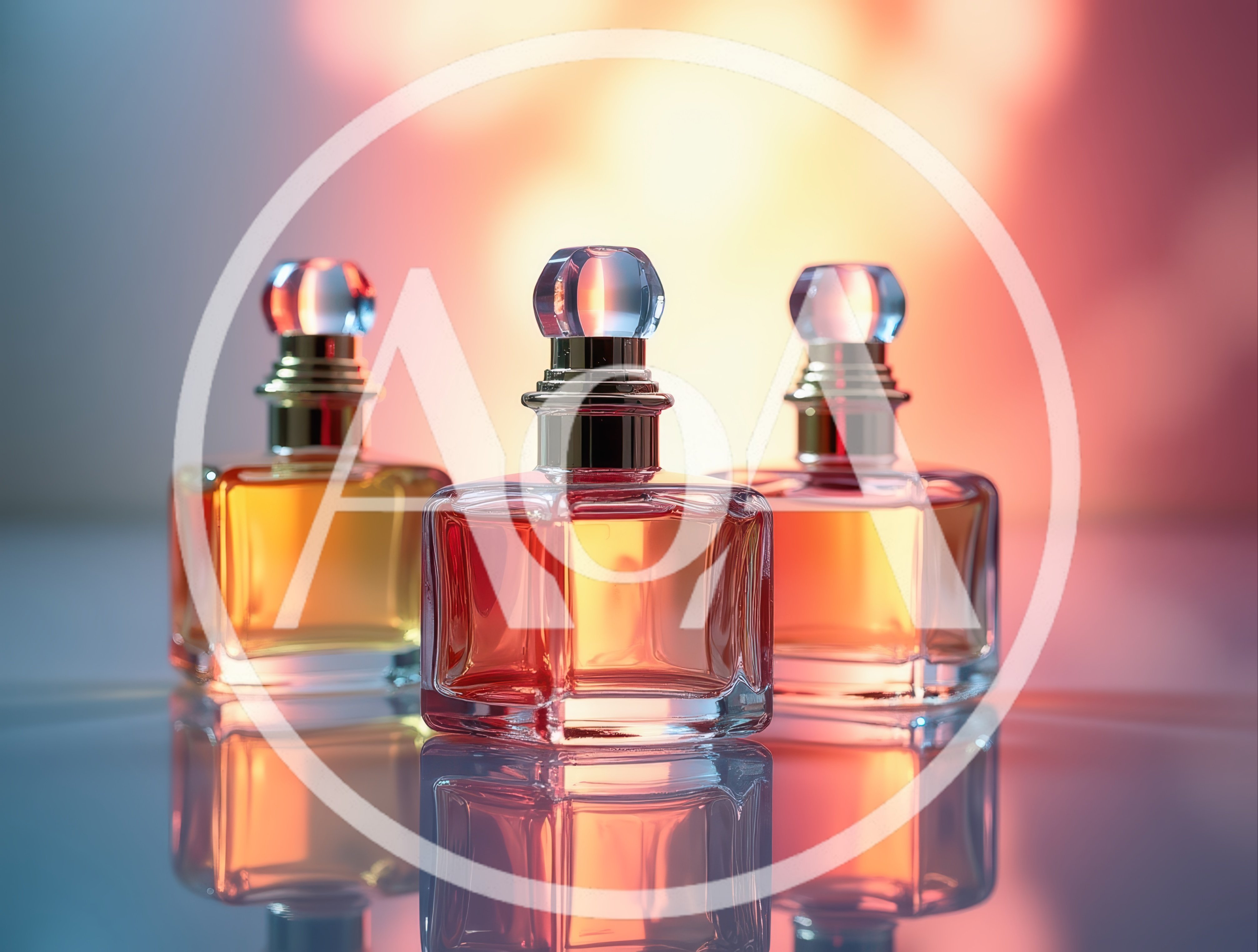 Three Elegant Perfume Bottles On Reflective Surface