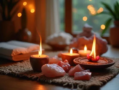 Relaxing Spa Setting With Candles And Rose Quartz Crystals