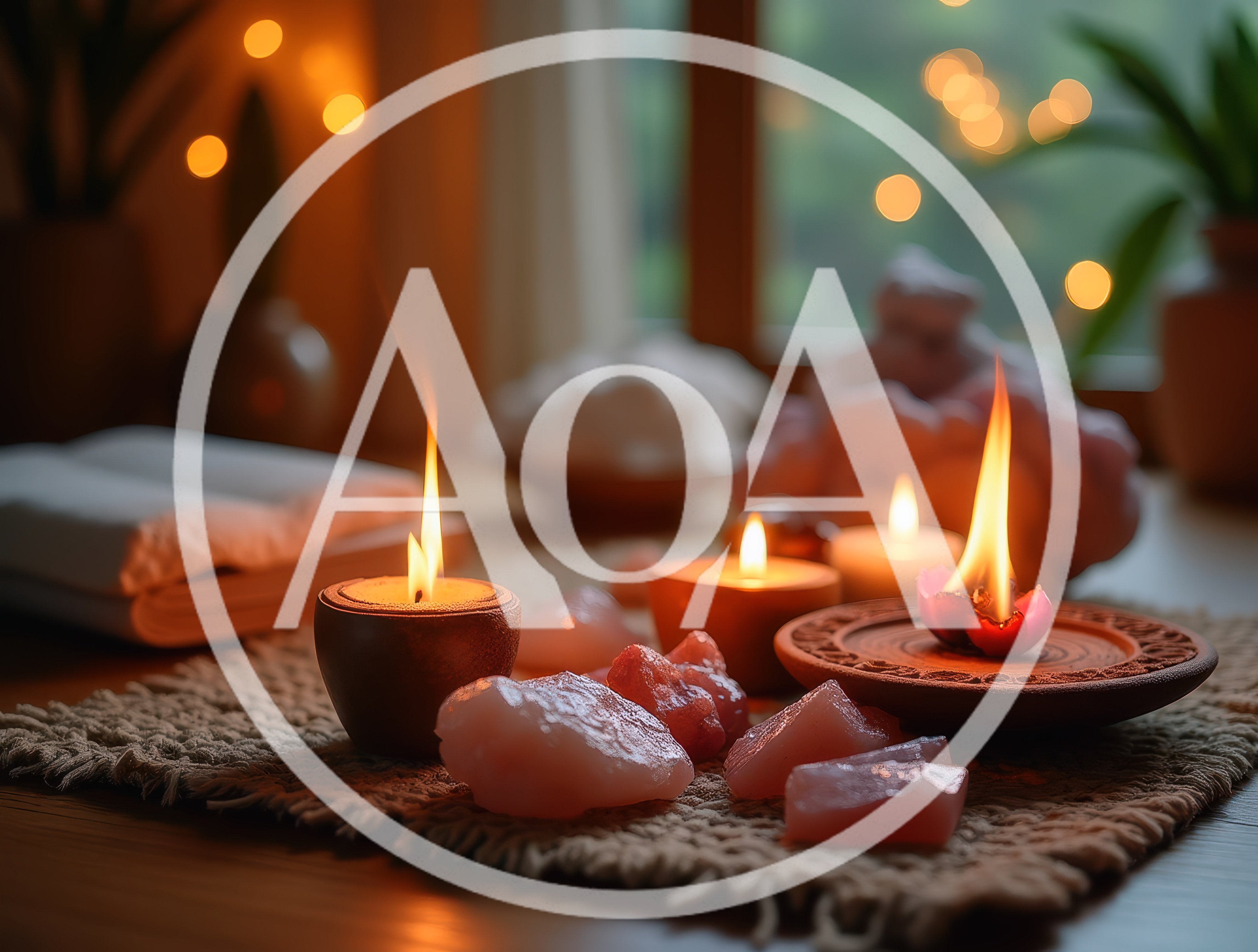 Relaxing Spa Setting With Candles And Rose Quartz Crystals