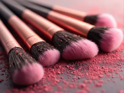 Professional Makeup Brushes With Pink Cosmetic Powder