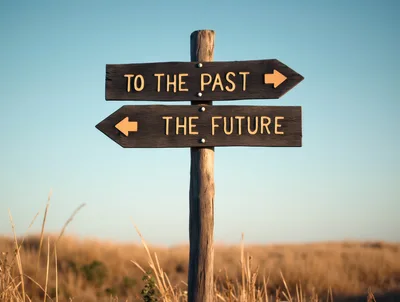 Wooden Signpost Pointing To The Past And The Future