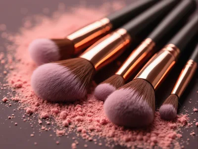 Professional Makeup Brushes With Loose Pink Powder