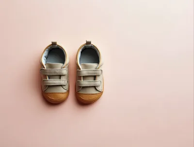 Pair of Beige Toddler Shoes on Pink Background