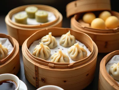 Steamed Dim Sum Dumplings in Bamboo Baskets