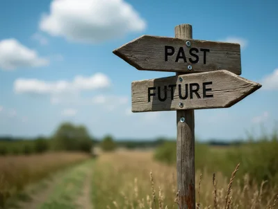 Wooden Signpost Pointing Towards Past And Future