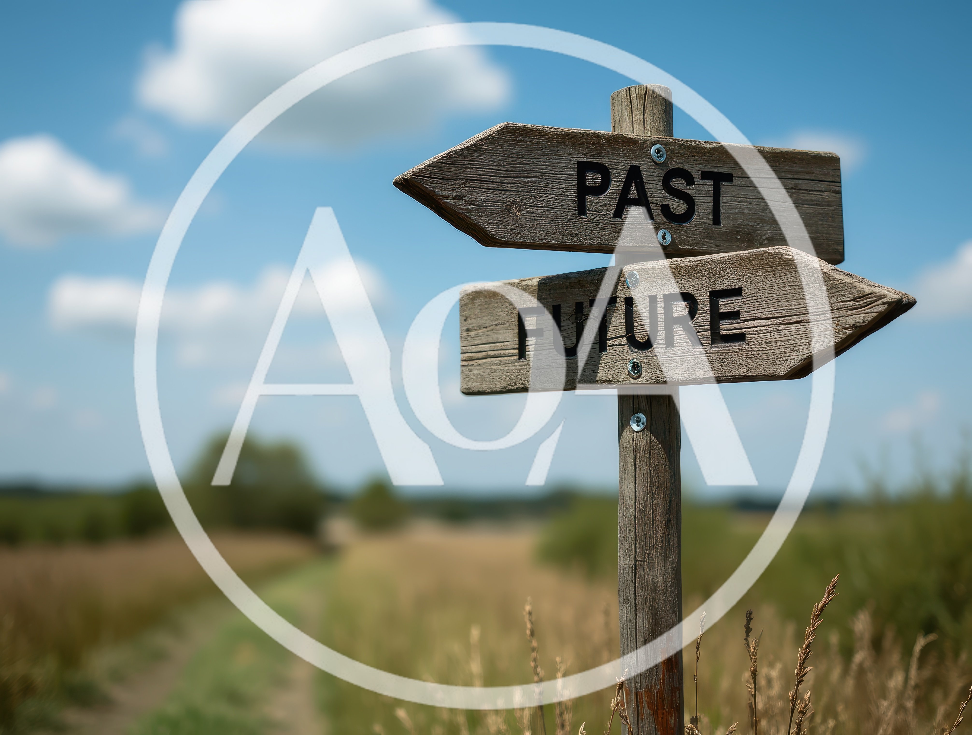 Wooden Signpost Pointing Towards Past And Future
