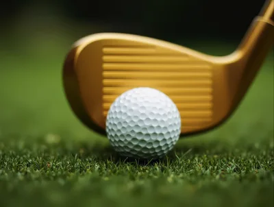 Golden Golf Club Head Addressing A White Golf Ball