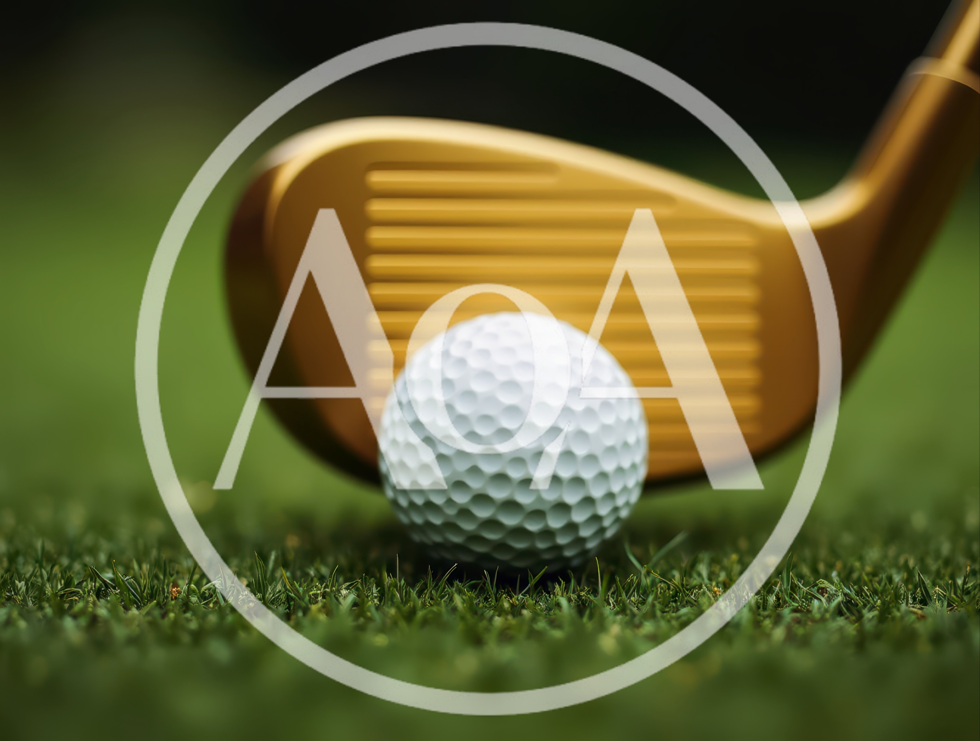 Golden Golf Club Head Addressing A White Golf Ball