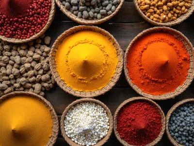 Assorted Spices and Grains in Woven Baskets