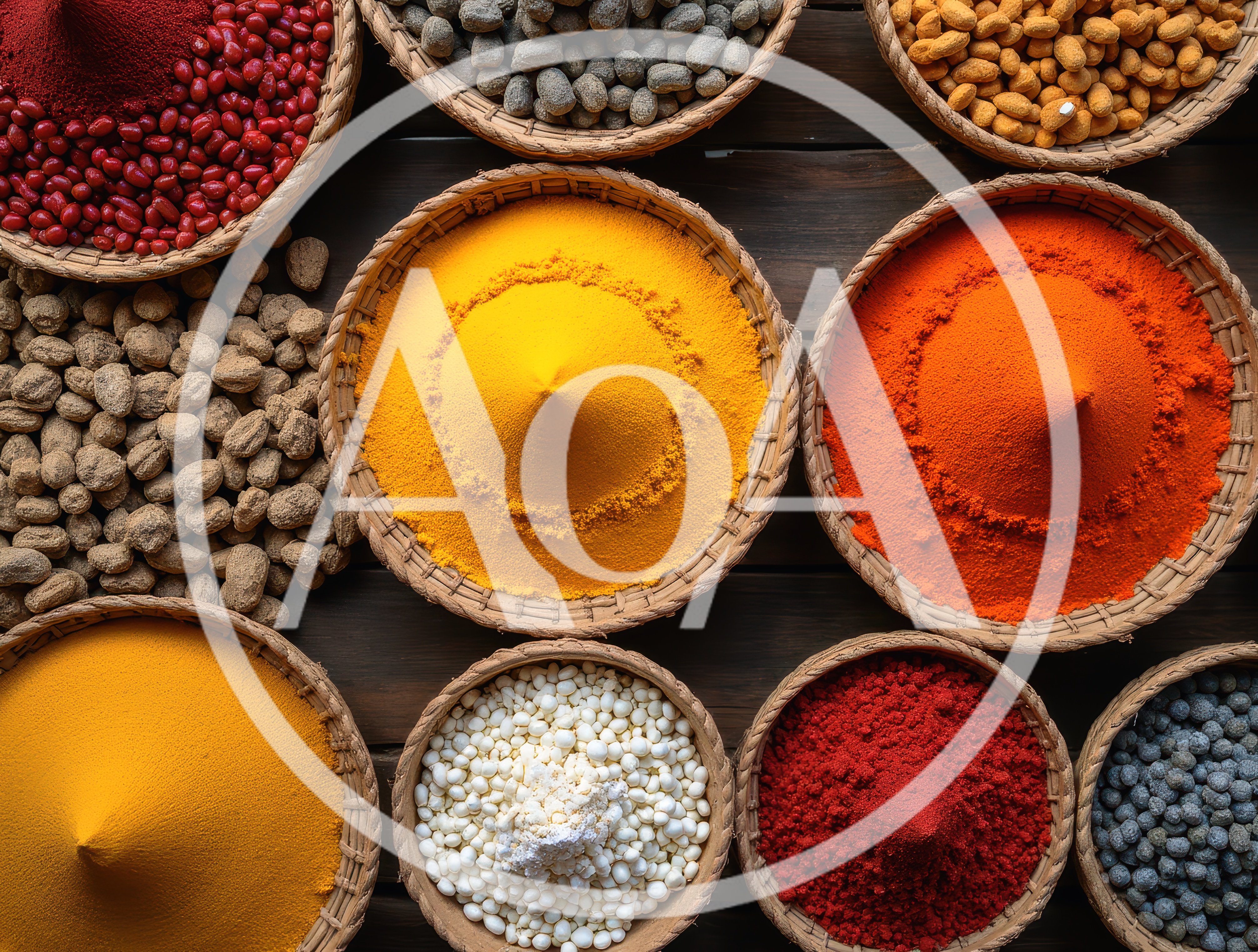 Assorted Spices and Grains in Woven Baskets