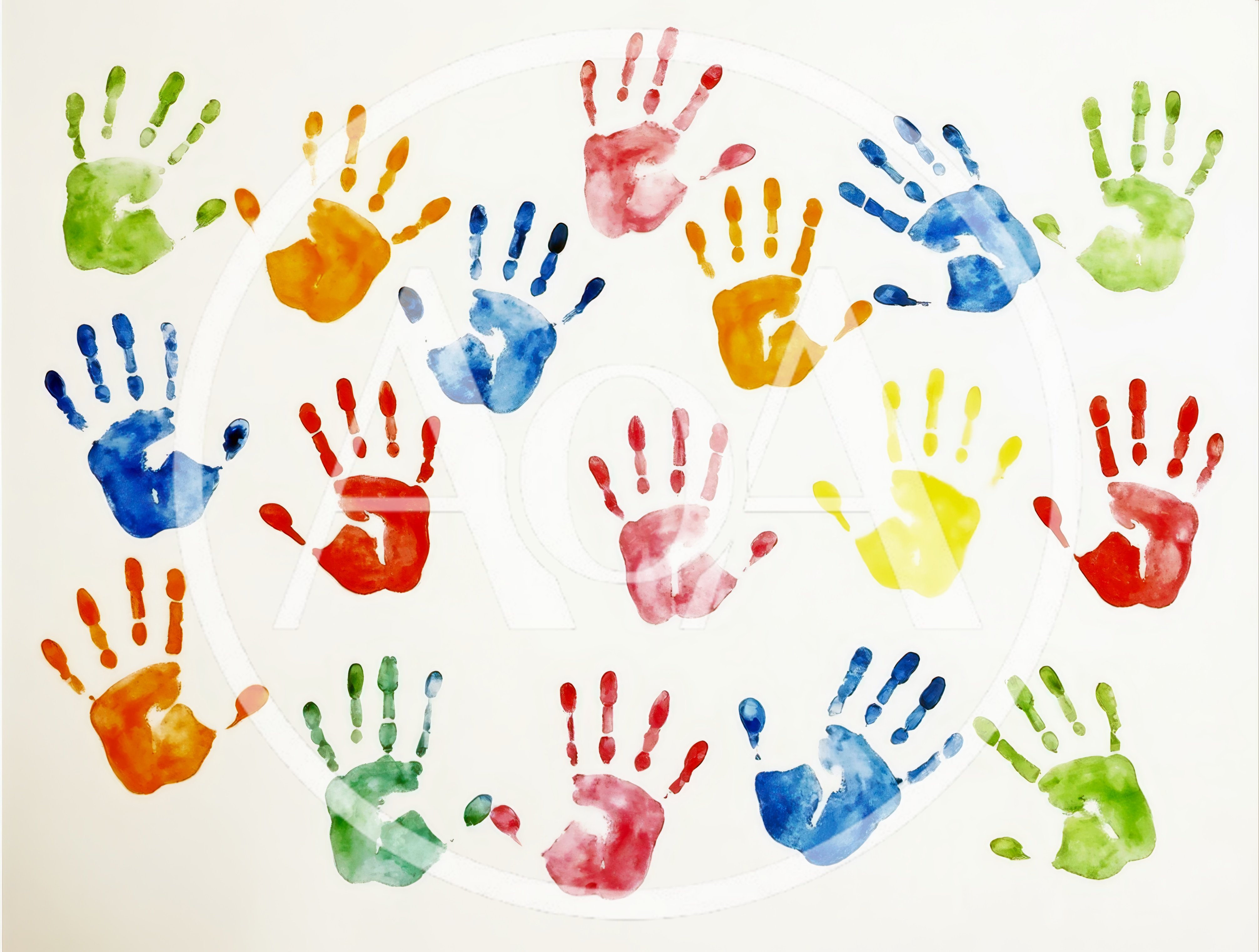 Colorful Handprints Painted on White Background