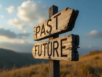 Wooden Signpost Pointing Towards Past And Future