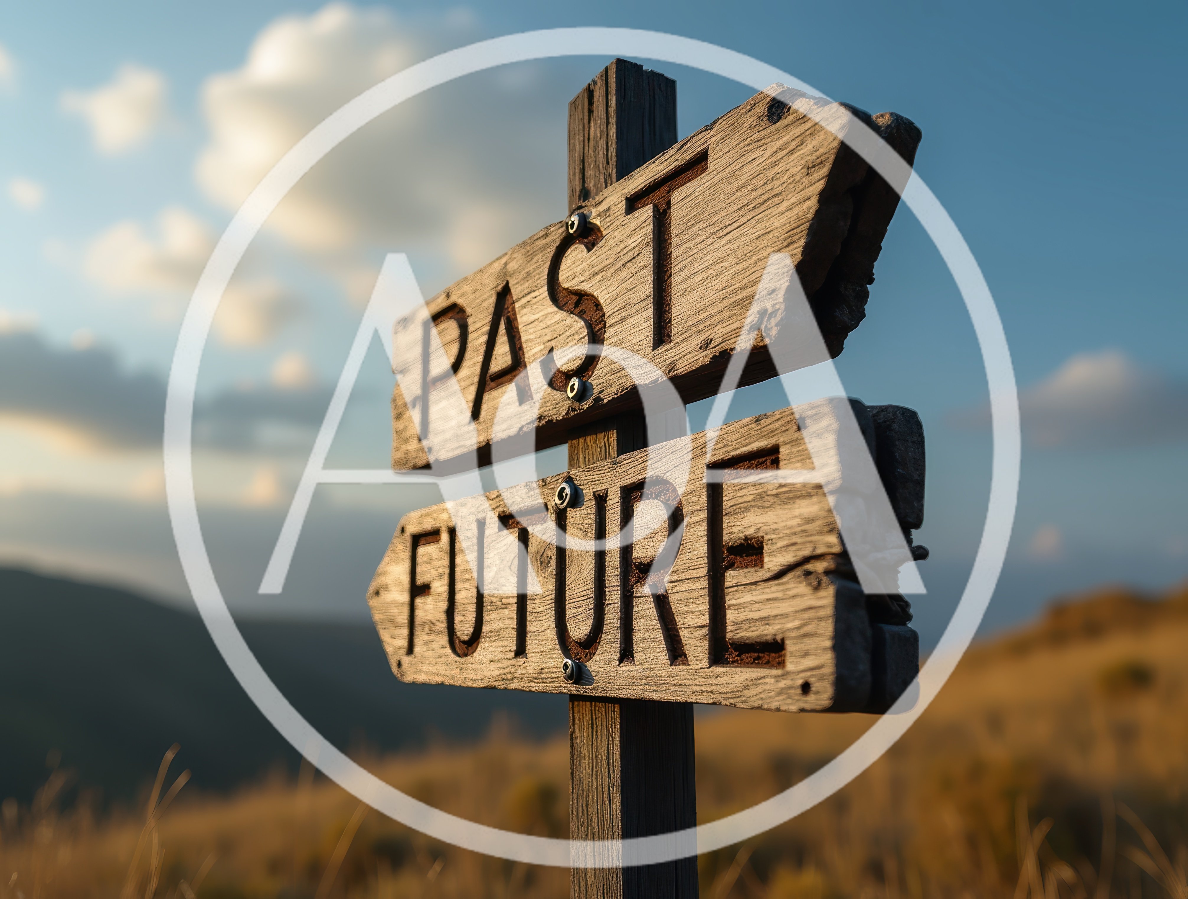 Wooden Signpost Pointing Towards Past And Future