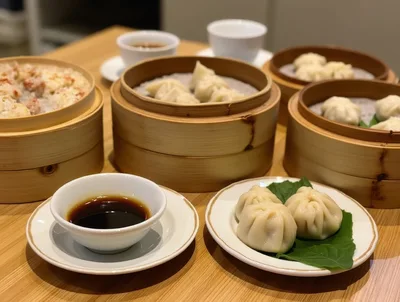 Assorted Dim Sum Served In Bamboo Steamers