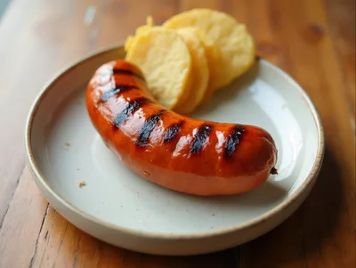 Grilled Sausage With Potato Slices On A Plate