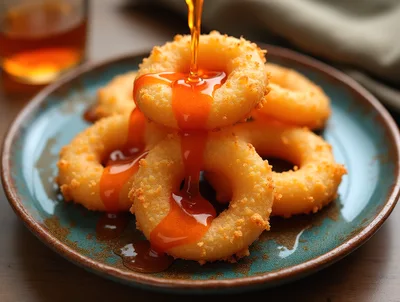 Golden Fried Onion Rings Drizzled With Sweet Syrup