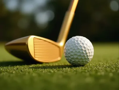 Golden Golf Club And Ball On Putting Green