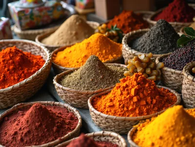 Assorted Colorful Spices In Woven Baskets