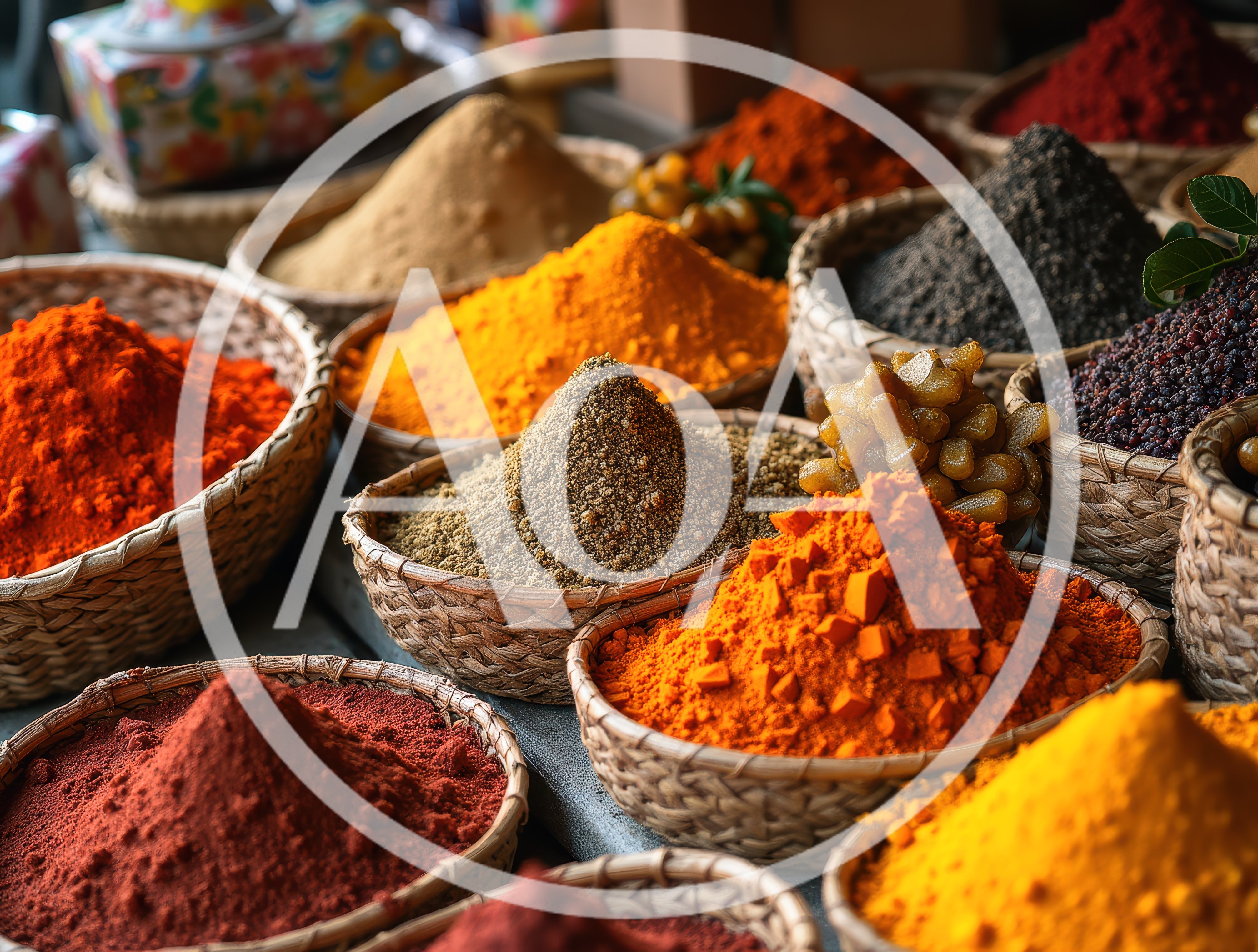Assorted Colorful Spices In Woven Baskets