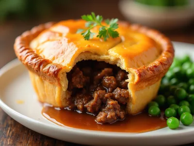 Savory Meat Pie With Gravy And Green Peas