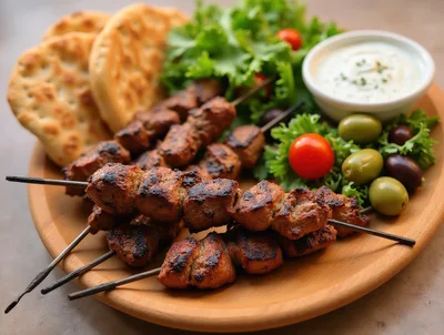 Grilled Meat Skewers With Pita Bread And Dip