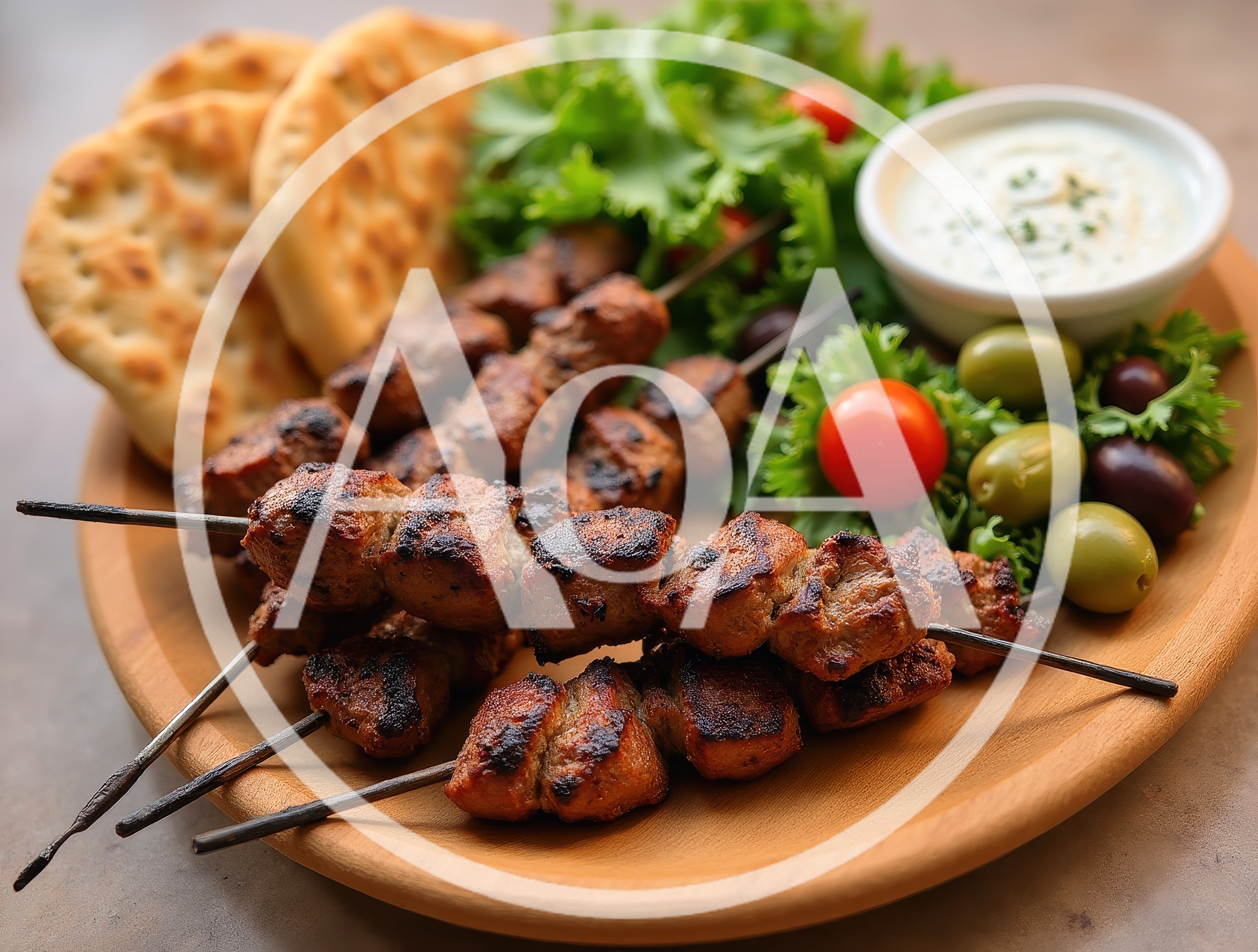 Grilled Meat Skewers With Pita Bread And Dip