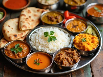 Traditional Indian Thali Platter With Assorted Curries And Rice
