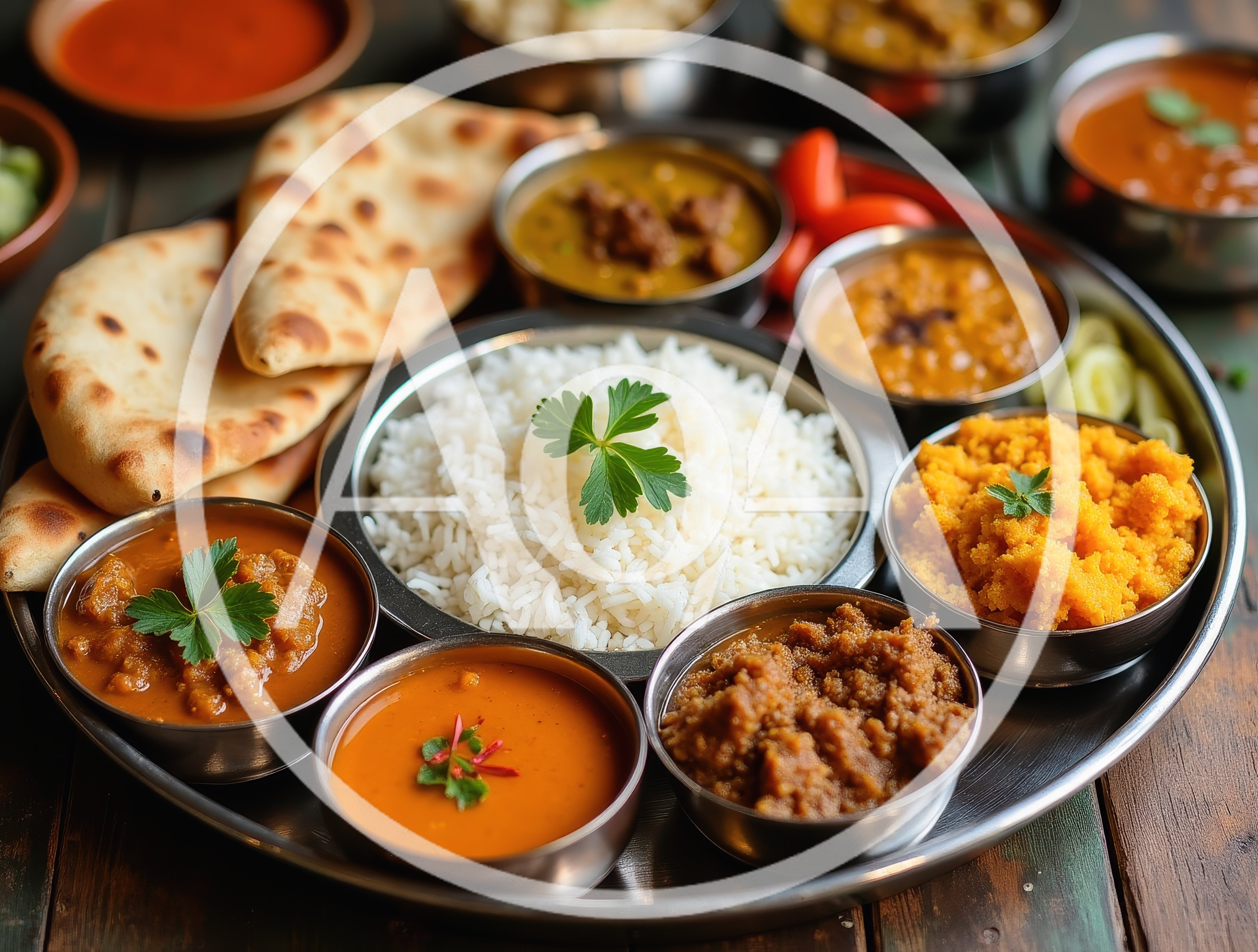 Traditional Indian Thali Platter With Assorted Curries And Rice