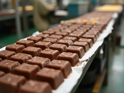 Chocolate Squares Moving Along A Factory Conveyor Belt